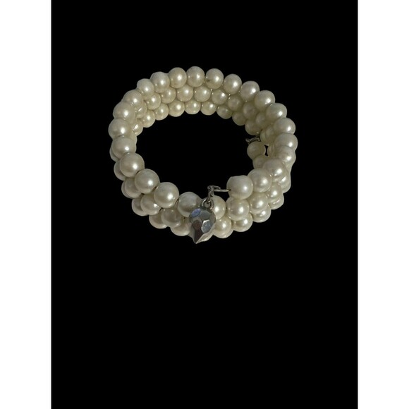 Boho Bracelet White Multi Strand Goldtone Beaded Wire Wrap Cuff Bangle 8 Strand - Picture 2 of 9